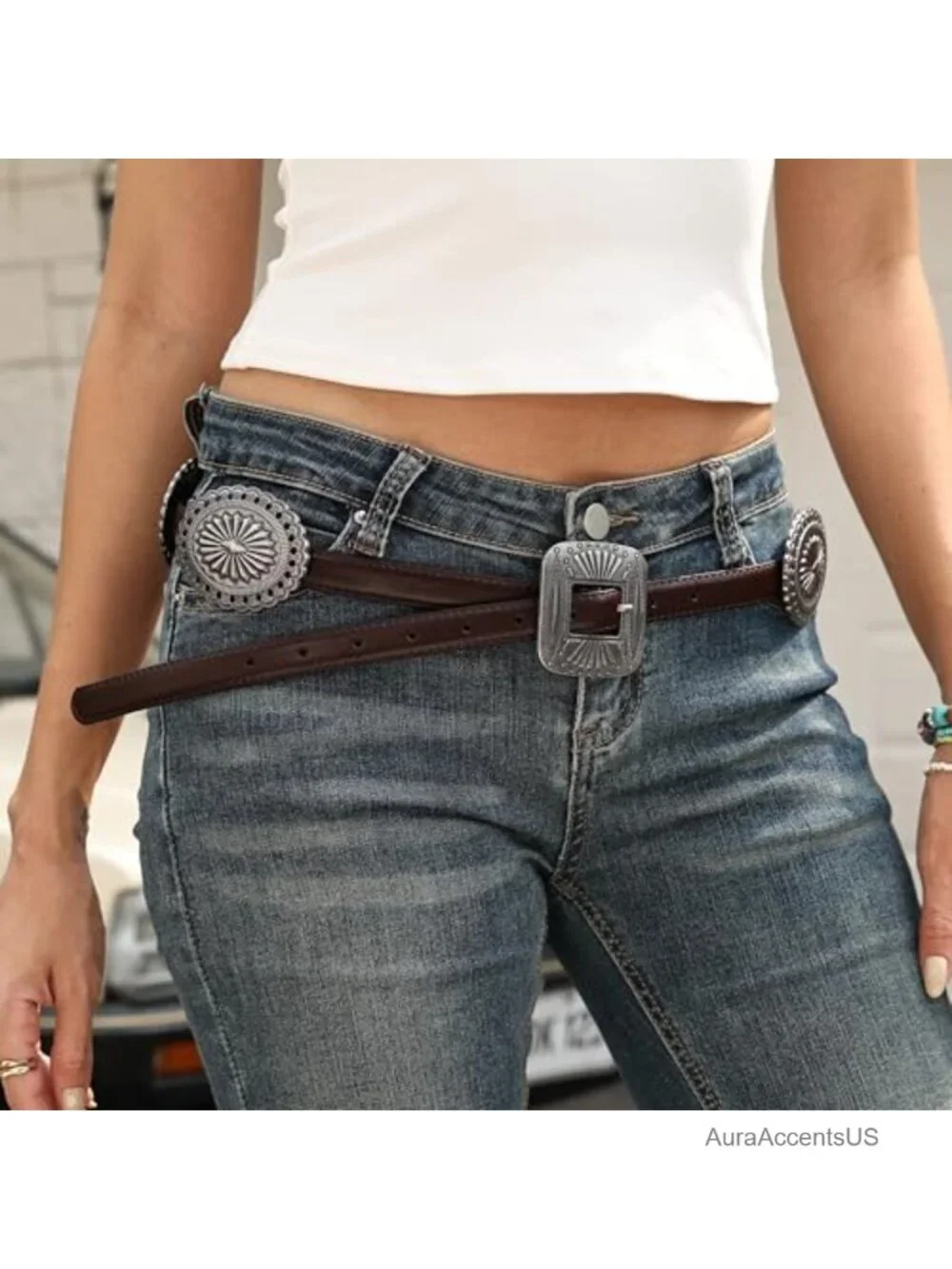 Women's Western Concho Belt Faux Leather Cowgirl Belt for Jeans Dresses Country